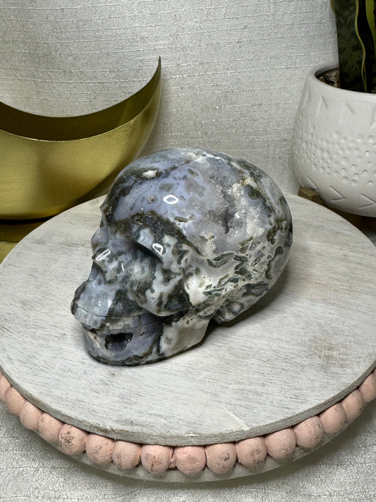 Druzy Moss Agate Skull