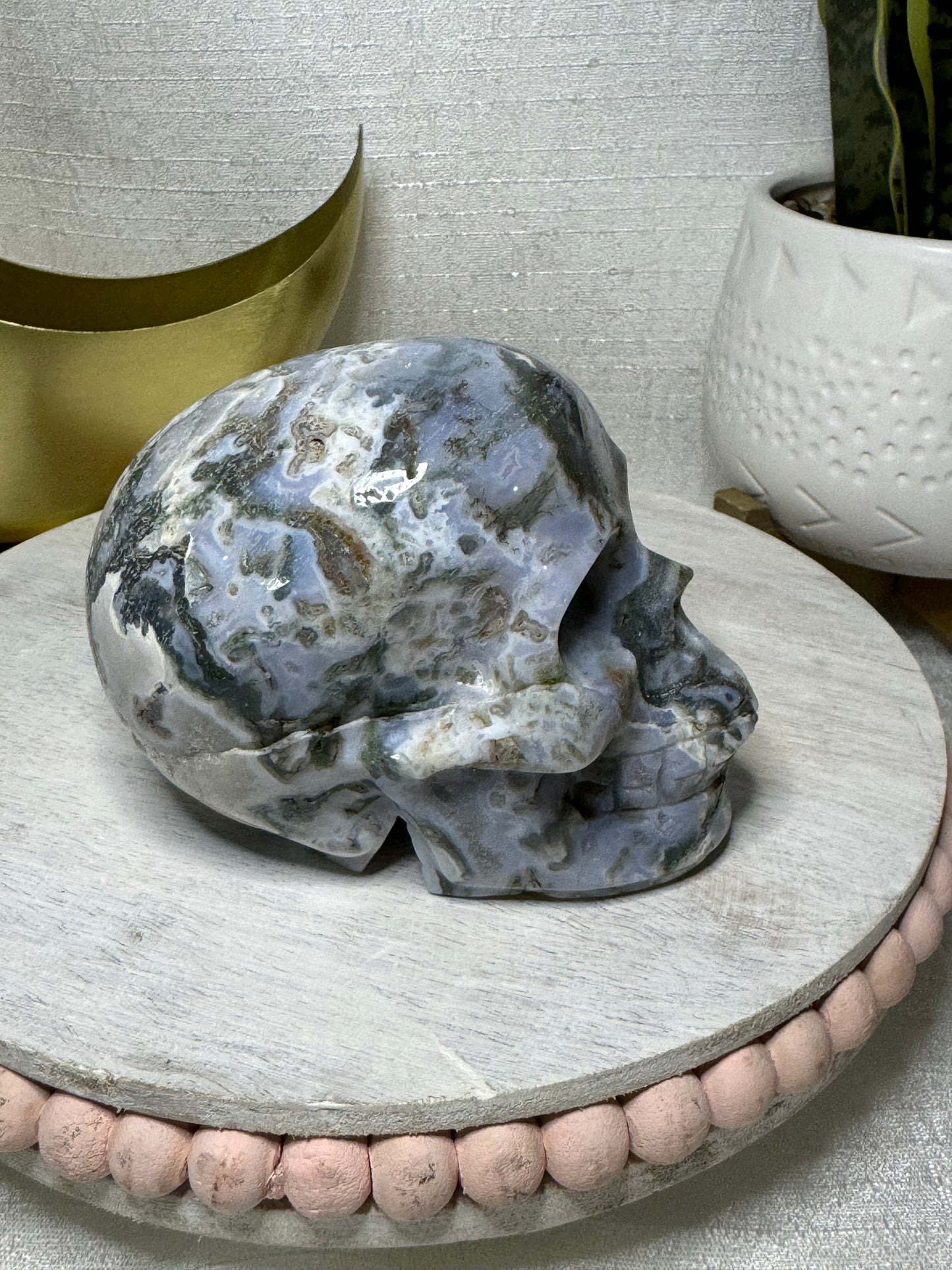 Druzy Moss Agate Skull