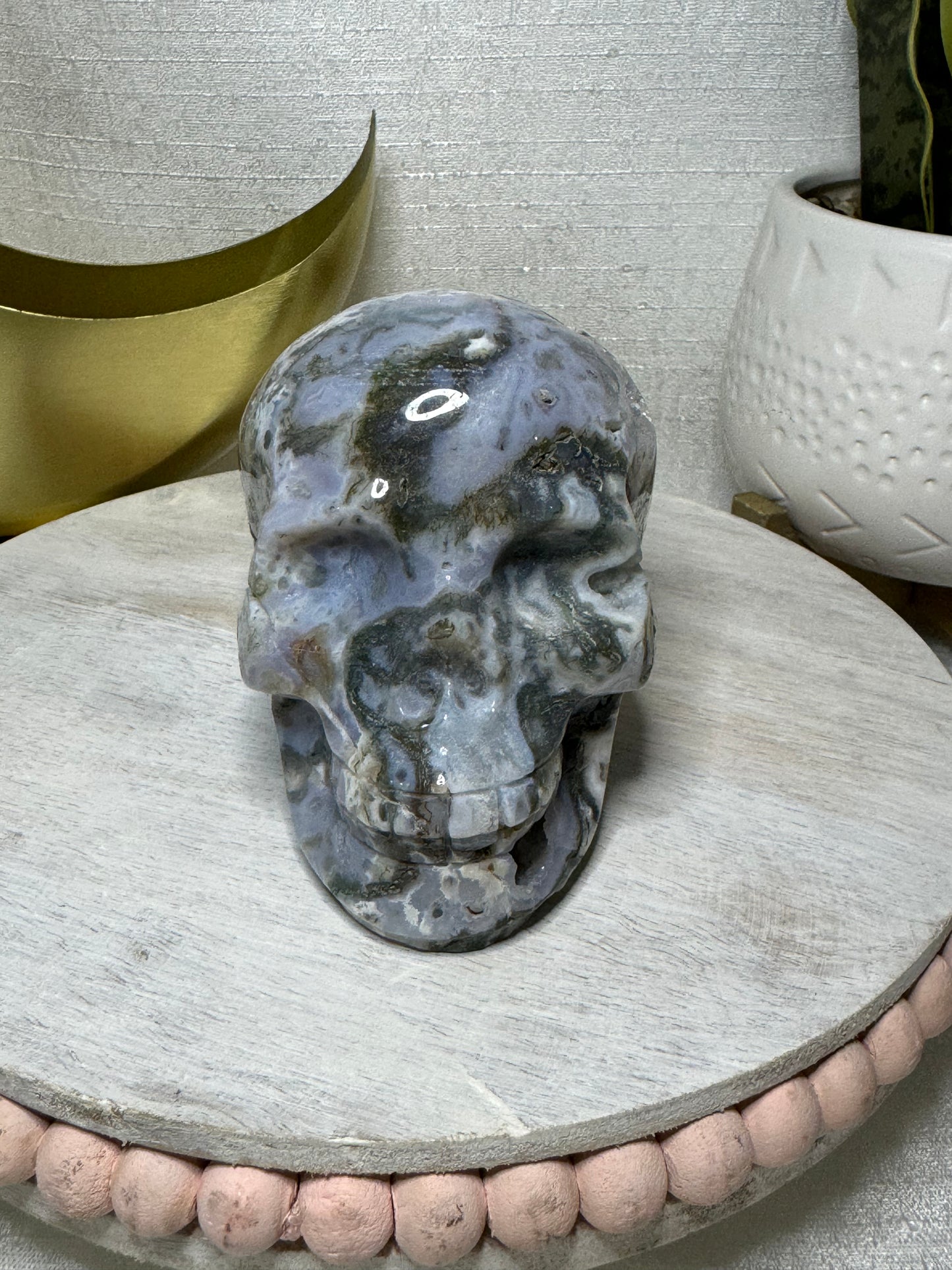 Druzy Moss Agate Skull