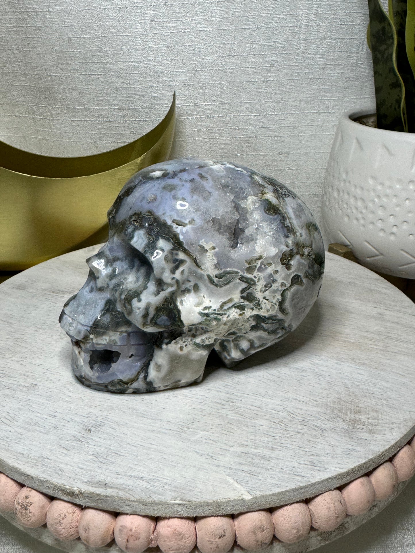 Druzy Moss Agate Skull